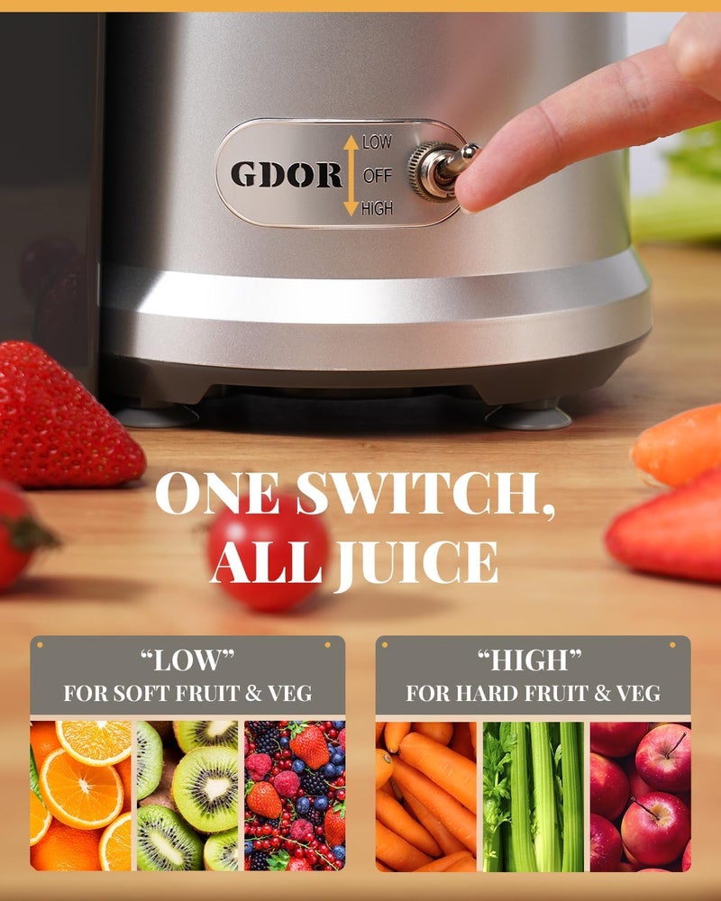 GDOR 1200W Juicer, 3.2" Wide Chute, Titanium-Enhanced Blade, Heavy-Duty Copper Motor, Dual Speed Centrifugal Juice Extractor, BPA-Free, Silver - Image 3